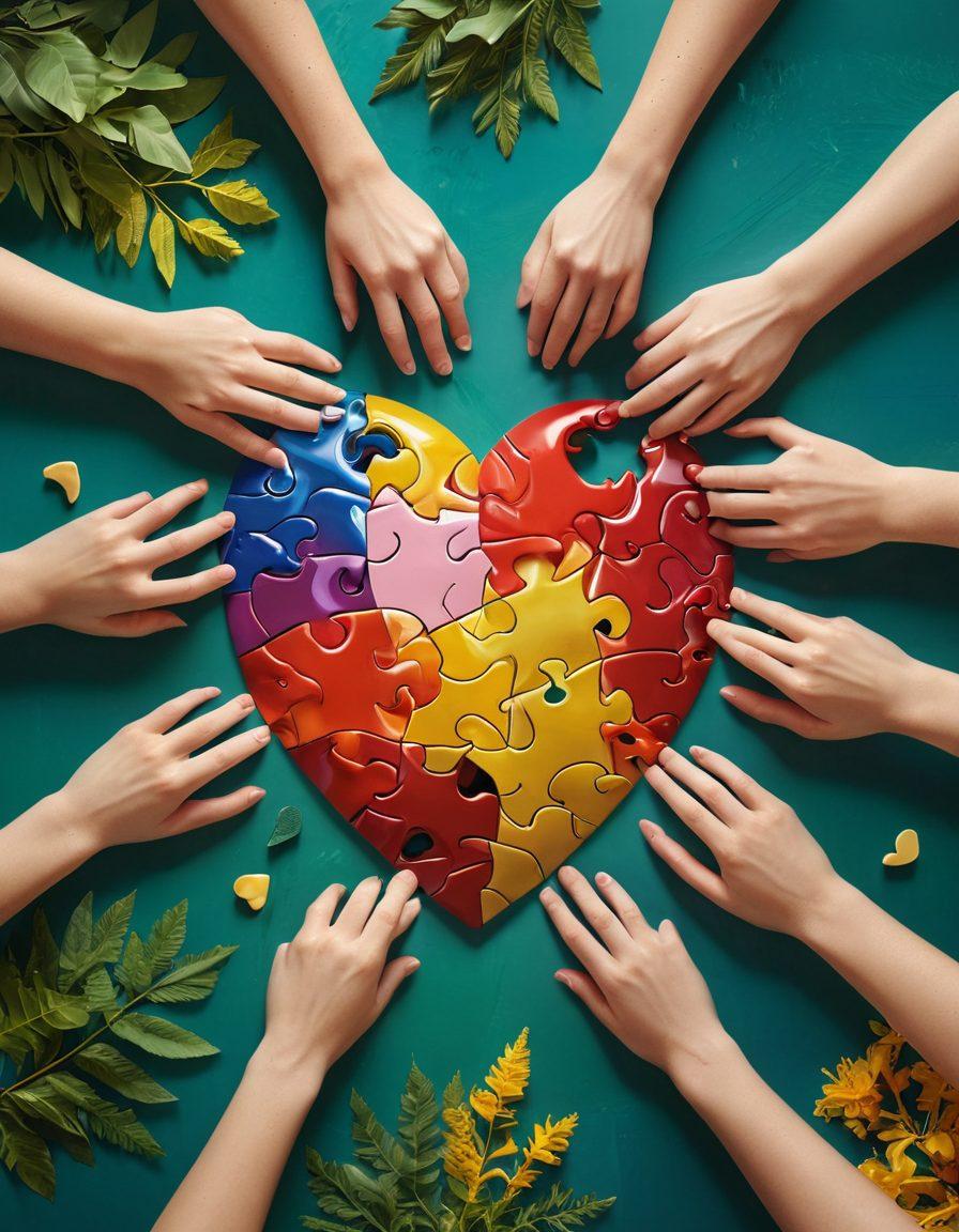 A beautiful heart-shaped puzzle with diverse hands joining the pieces, symbolizing emotional connections. Surrounding the heart, vibrant colors representing different sentiments: red for passion, blue for calmness, yellow for joy, and green for growth. Soft, flowing lines weave through the background, depicting the nuances of love languages. An ethereal glow illuminates the entire scene, inviting readers into an enchanting realm of connection. super-realistic. vibrant colors. soft focus.