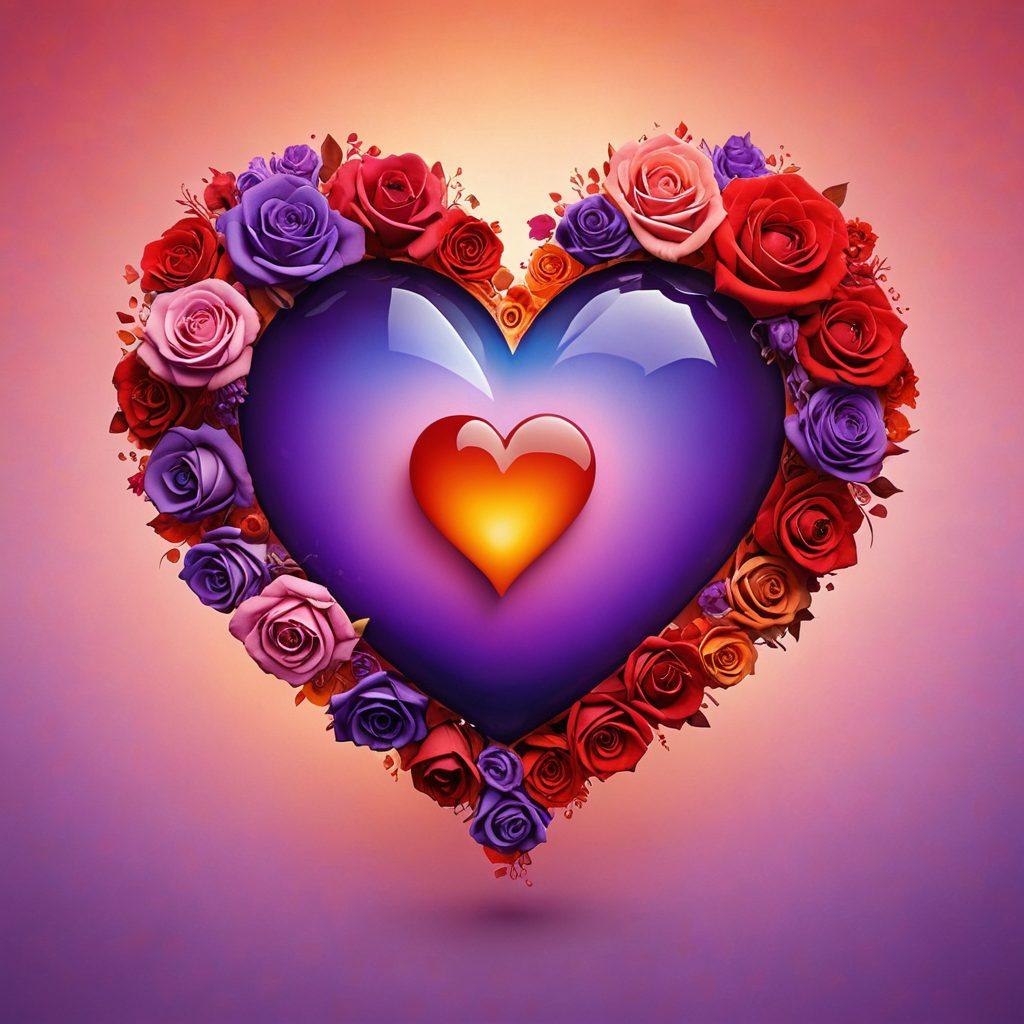 A heart-shaped collage of vibrant emotions featuring loving gestures, warm embraces, and passionate moments; surrounded by colorful symbols like roses and fire, embodying affection and passion. The background should be a soft gradient transitioning from warm reds to deep purples, symbolizing the depth of love. super-realistic. vibrant colors. soft gradient.