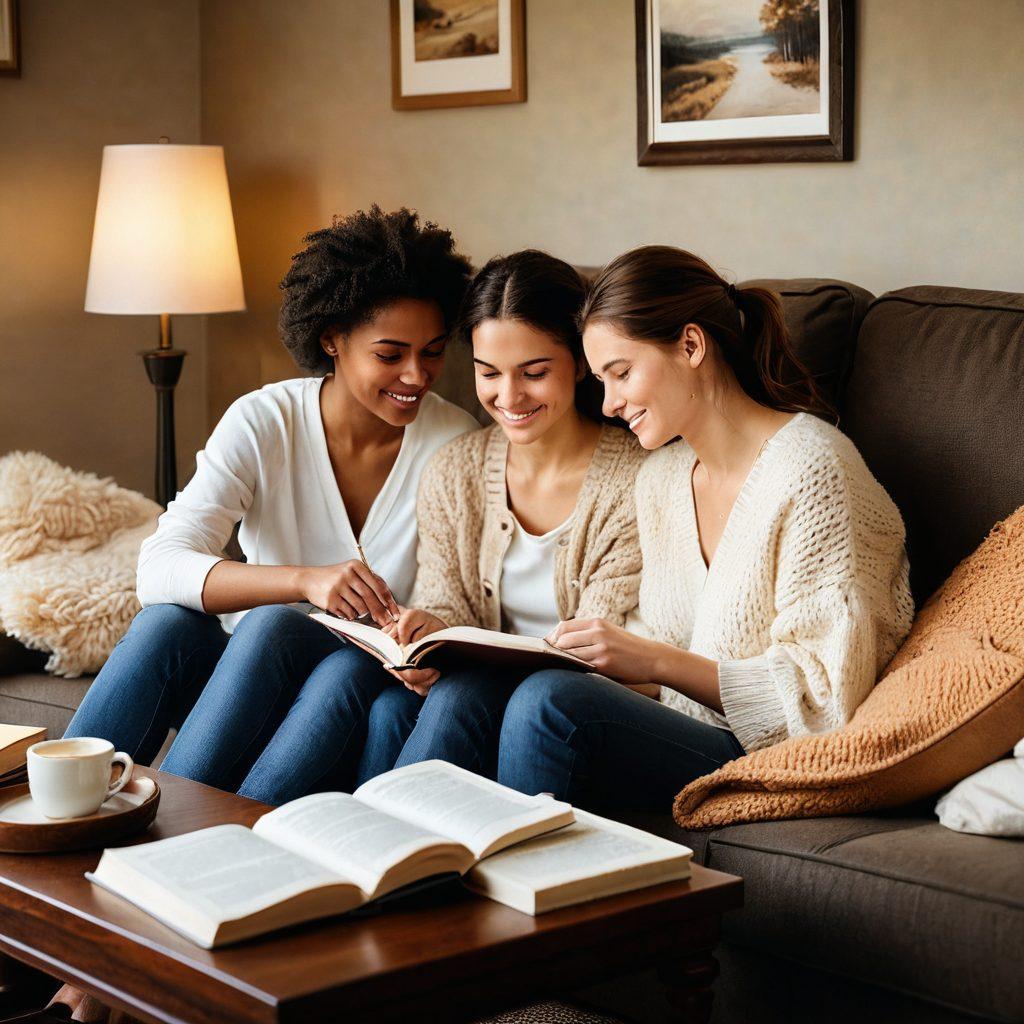 A cozy, intimate setting featuring two people engaged in deep conversation, surrounded by warm lighting and soft textures, symbolizing connection and understanding. Include elements like open books, a steaming cup of tea, and a notepad filled with notes on emotions. Emphasize facial expressions that convey empathy and trust. painting. soft colors. warm tones.